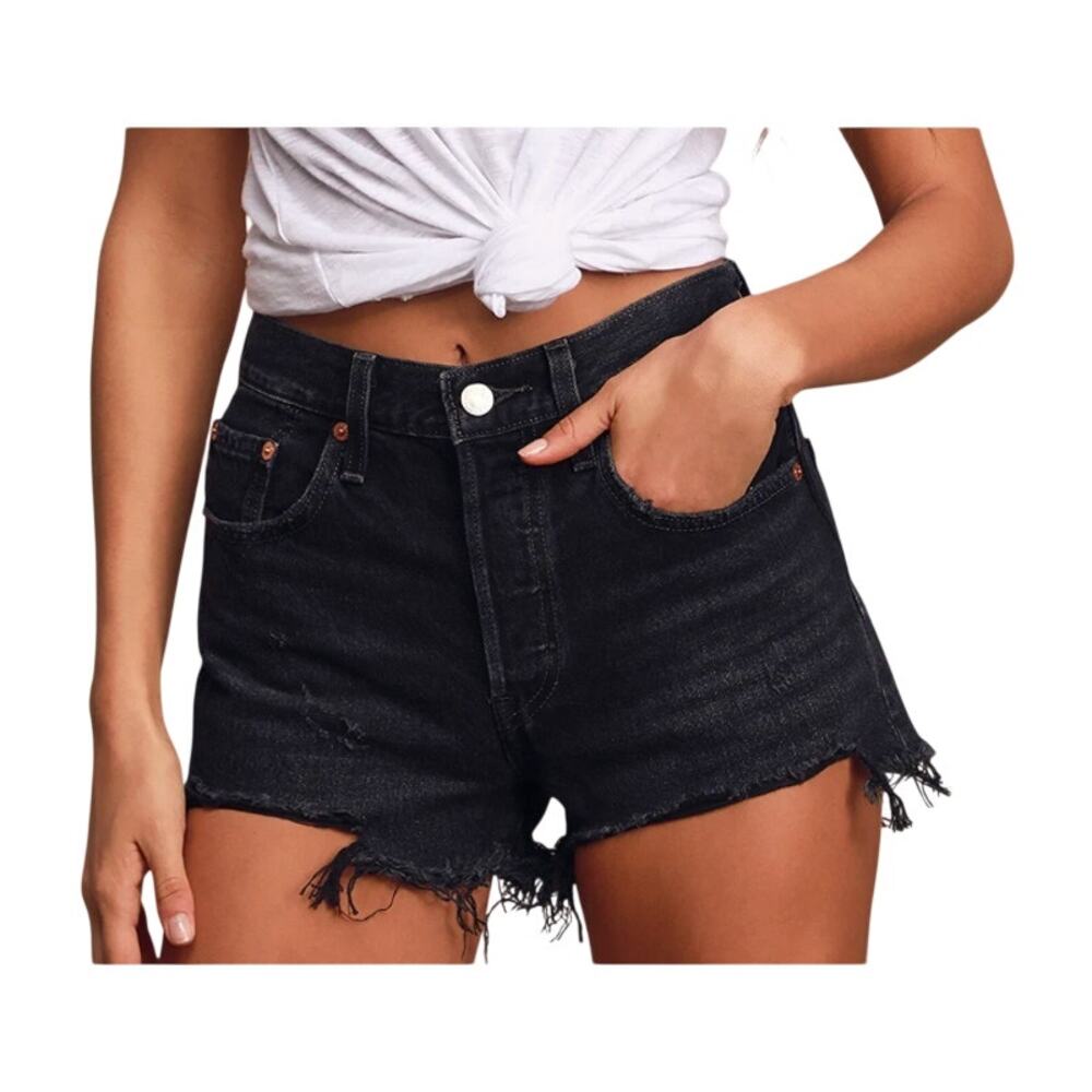Levi's 501 Black Distressed Raw Hem Denim Cut Off Shorts Size 26